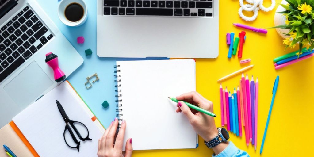 A colorful workspace with a laptop and stationery.